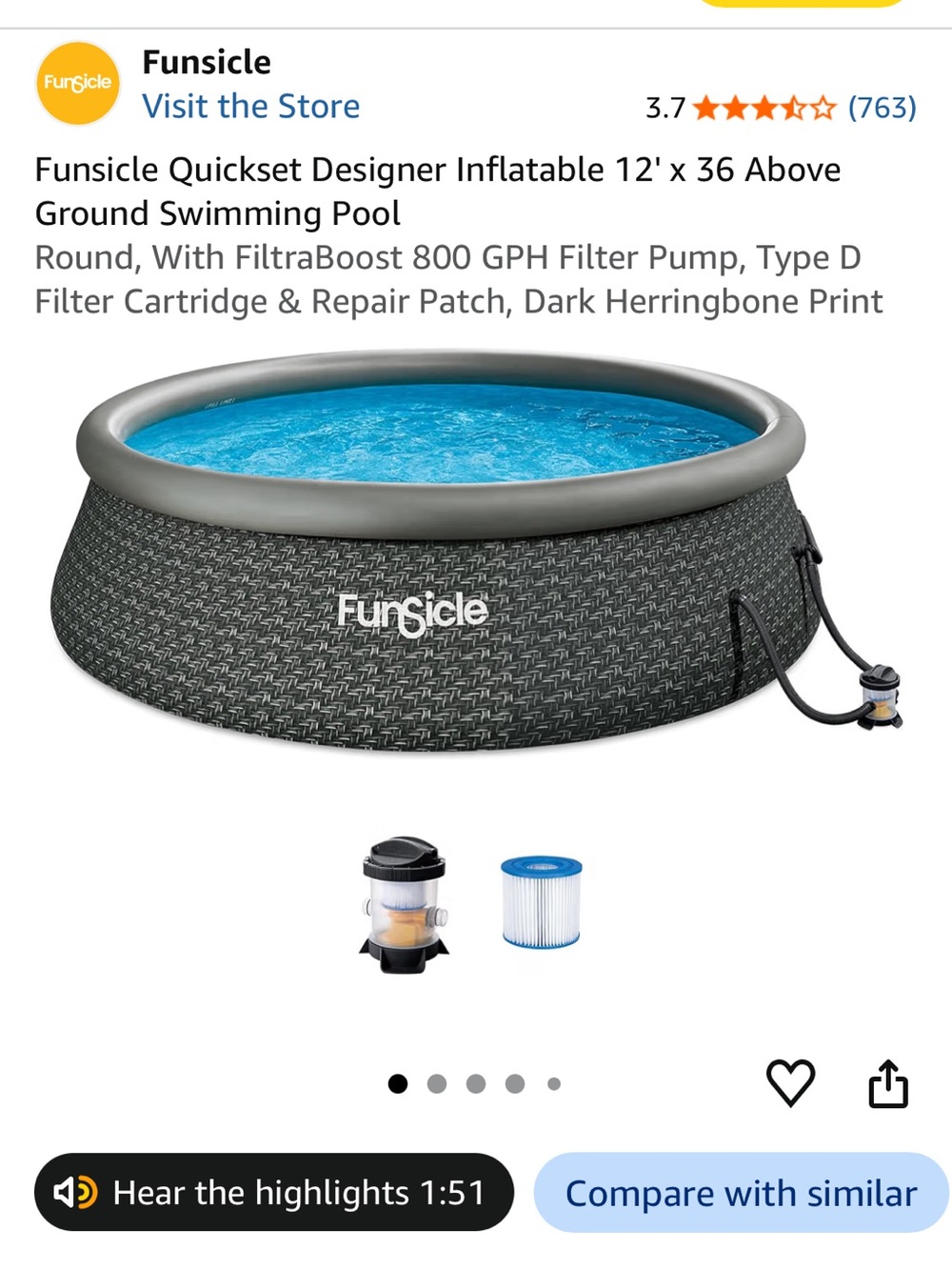 Funsicle 12’ 36” inflatable swimming pool with pump